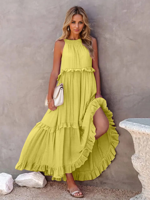 Ruffled Sleeveless Tiered Maxi Dress with Pockets Trendsi