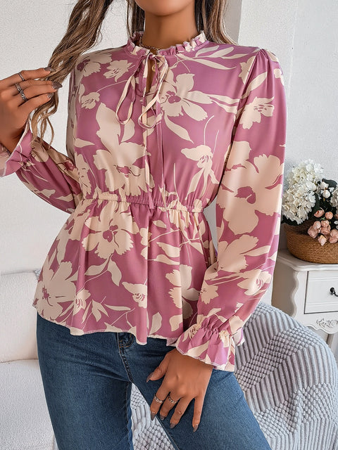 Printed Tie Neck Flounce Sleeve Blouse Trendsi