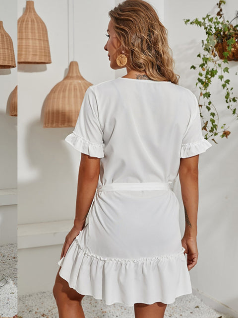 Tied Frill Short Sleeve Mini Dress Trendsi