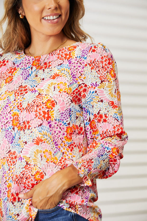 Double Take Floral Print Long Puff Sleeve Blouse Trendsi