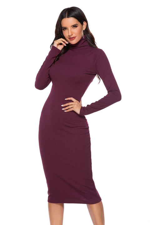 Ribbed Turtleneck Long Sleeve Dress Trendsi