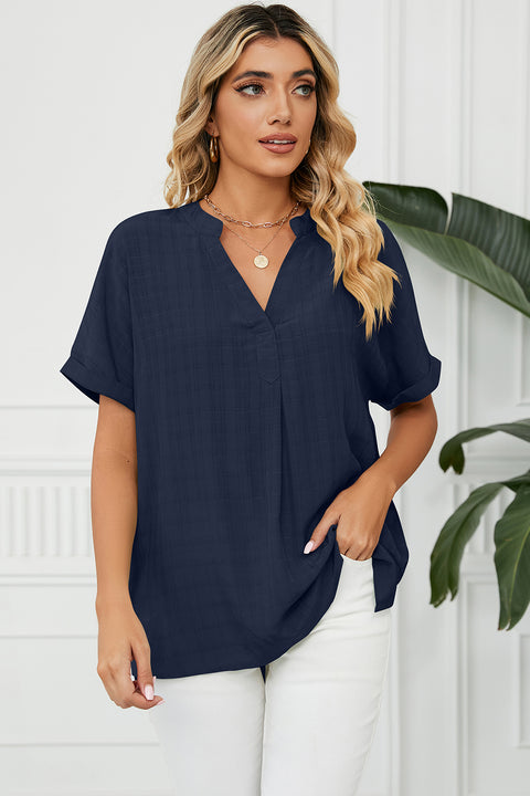 Ruched Notched Short Sleeve Blouse Trendsi