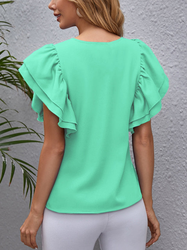 Round Neck Flounce Sleeve Blouse