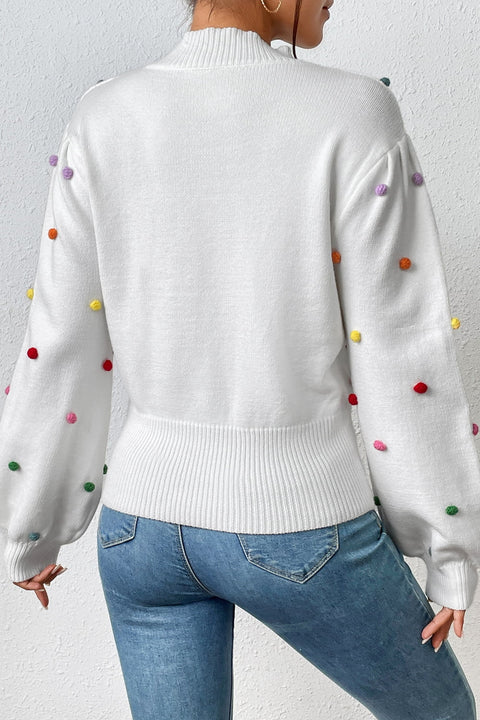 Pom-Pom Trim Mock Neck Long Sleeve Pullover Sweater Trendsi