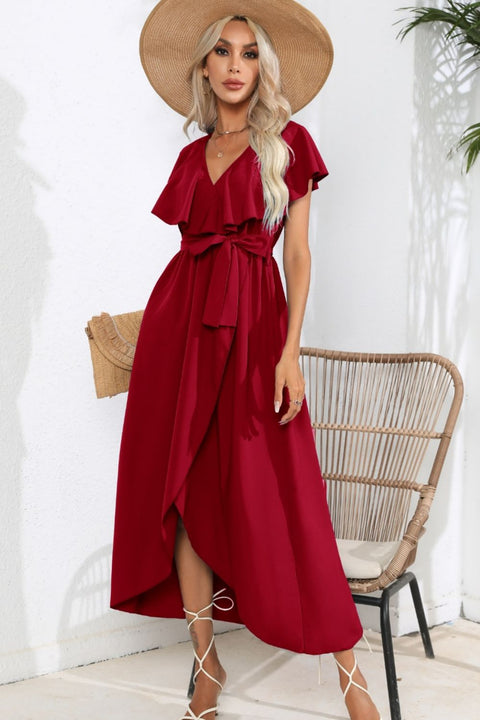 Ruffled Tied V-Neck Midi Dress Trendsi