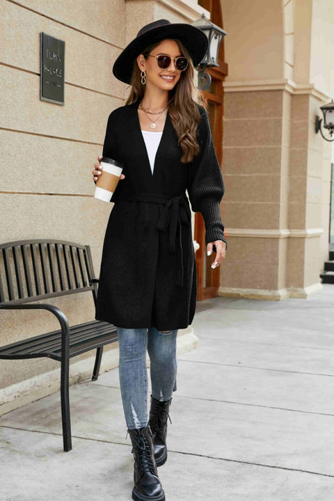 Open Front Lantern Sleeve Cardigan Trendsi