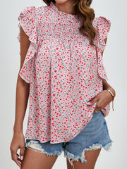 Ruffled Ditsy Floral Mock Neck Cap Sleeve Blouse Trendsi