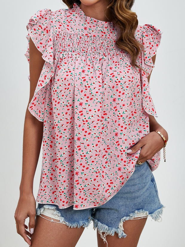 Ruffled Ditsy Floral Mock Neck Cap Sleeve Blouse