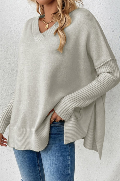 Slit V-Neck Dropped Shoulder Sweater