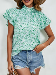 Ditsy Floral Mock Neck Flounce Sleeve Blouse Trendsi