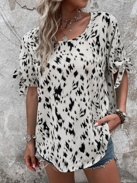 Tied Printed Boat Neck Blouse Trendsi