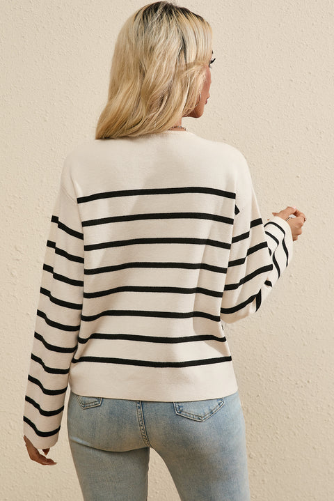 Striped Button Up Round Neck Cardigan Trendsi