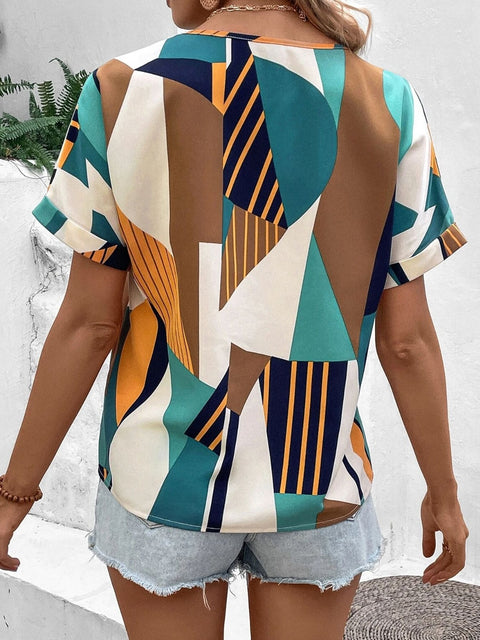 Printed V-Neck Short Sleeve Blouse Trendsi