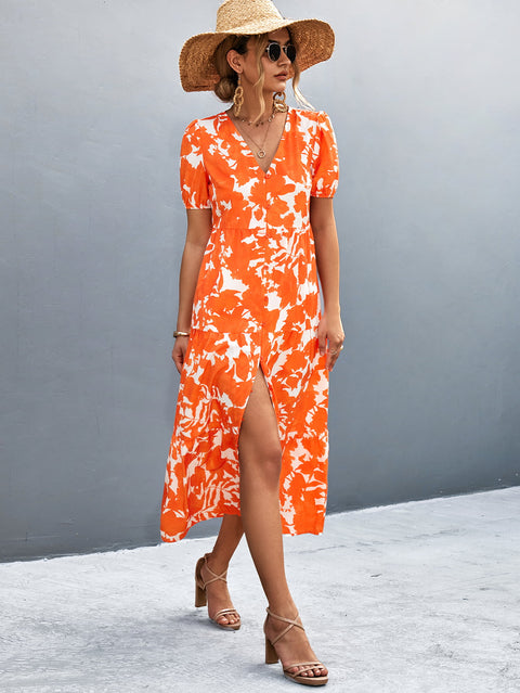 V-Neck Short Sleeve High Slit Midi Dress Trendsi