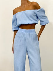 Off Shoulder Long Sleeve Top and Pants Set Trendsi