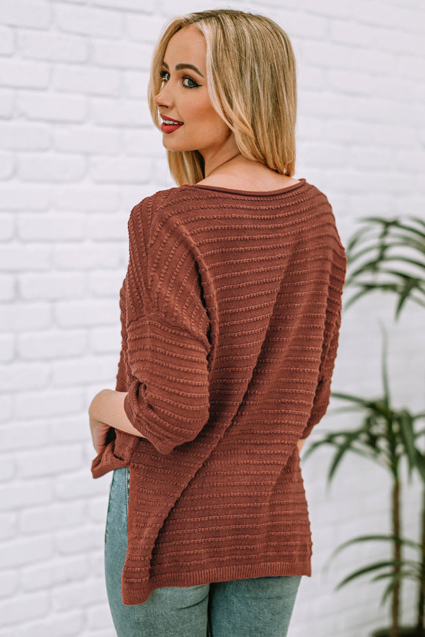 Round Neck Dropped Shoulder Side Slit Pullover Sweater Trendsi