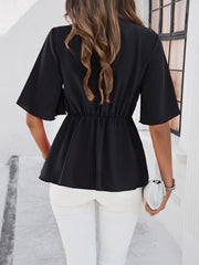 Surplice Tie Waist Half Sleeve Blouse Trendsi