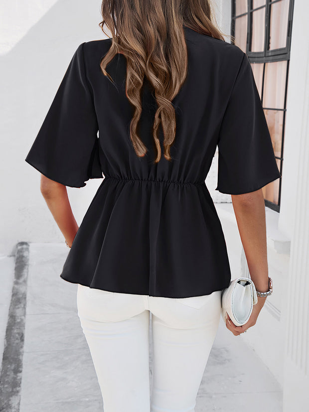 Surplice Tie Waist Half Sleeve Blouse Trendsi