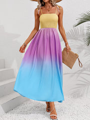 Color Block Tie Shoulder Smocked Maxi Dress Trendsi