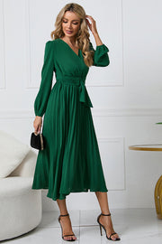 V-Neck Long Sleeve Tie Waist Midi Dress Trendsi