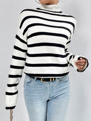 Striped Turtleneck Drop Shoulder Sweater Trendsi