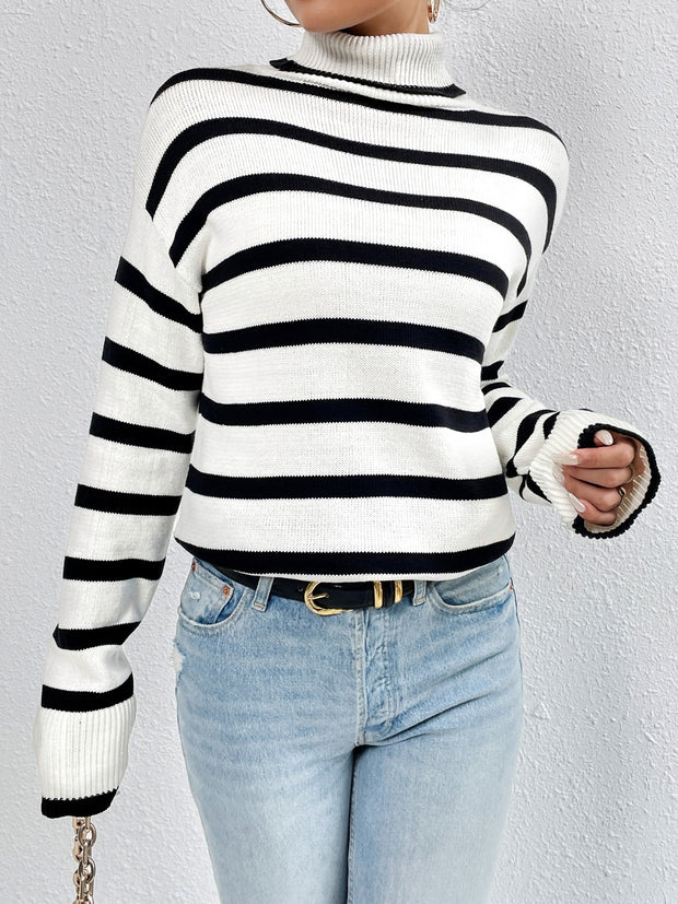 Striped Turtleneck Drop Shoulder Sweater Trendsi