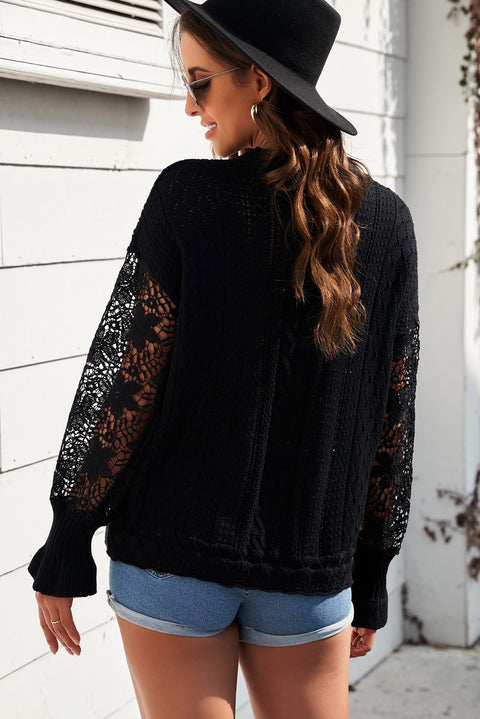 Openwork Lantern Sleeve Dropped Shoulder Sweater Trendsi