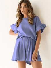 Ruffled Round Neck Top and Shorts Set Trendsi