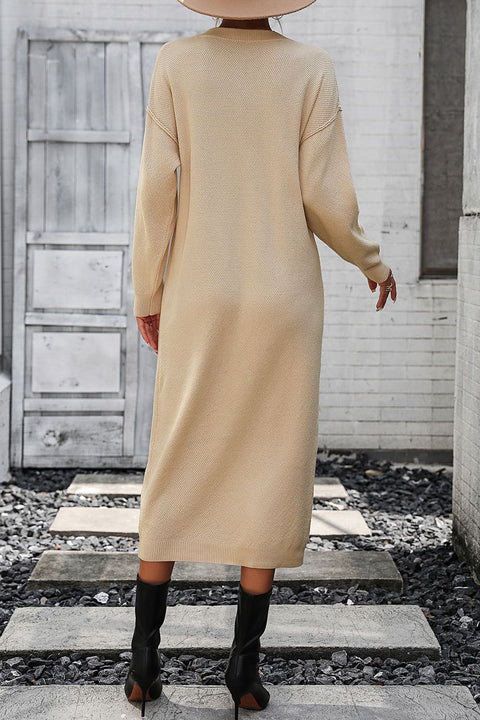 Decorative Button Notched Dropped Shoulder Sweater Dress Trendsi