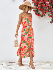 Printed Spaghetti Strap Front Slit Dress Trendsi