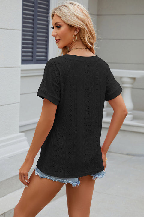 Eyelet V-Neck Short Sleeve T-Shirt Trendsi