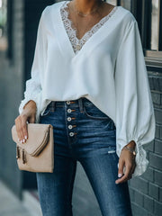 Lace Detail V-Neck Long Sleeve Blouse Trendsi