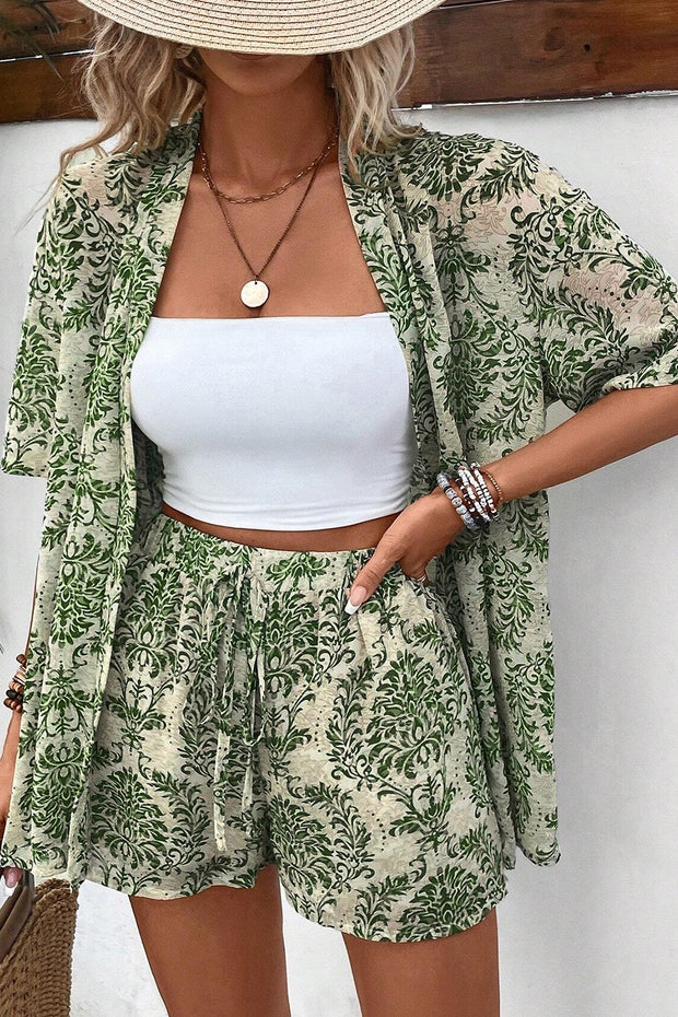 Printed Open Front Top and Shorts Set Trendsi