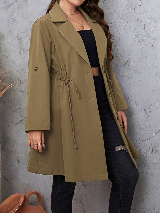 Plus Size Lapel Collar Drawstring Roll-Tab Sleeve Trench Coat Trendsi