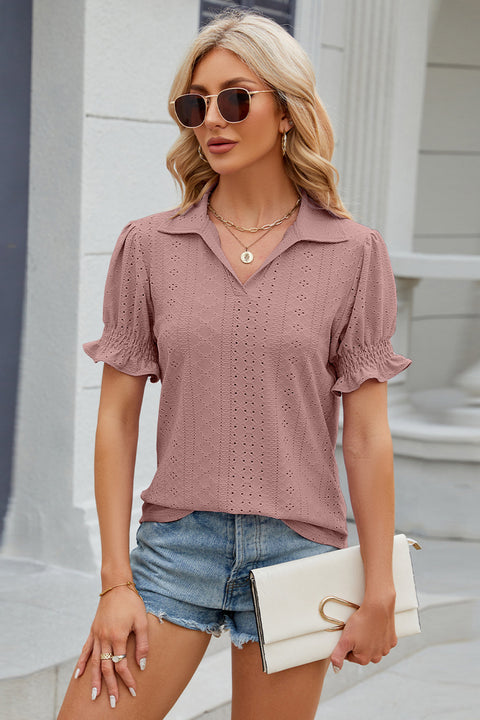 Eyelet Johnny Collar Short Sleeve Blouse Trendsi