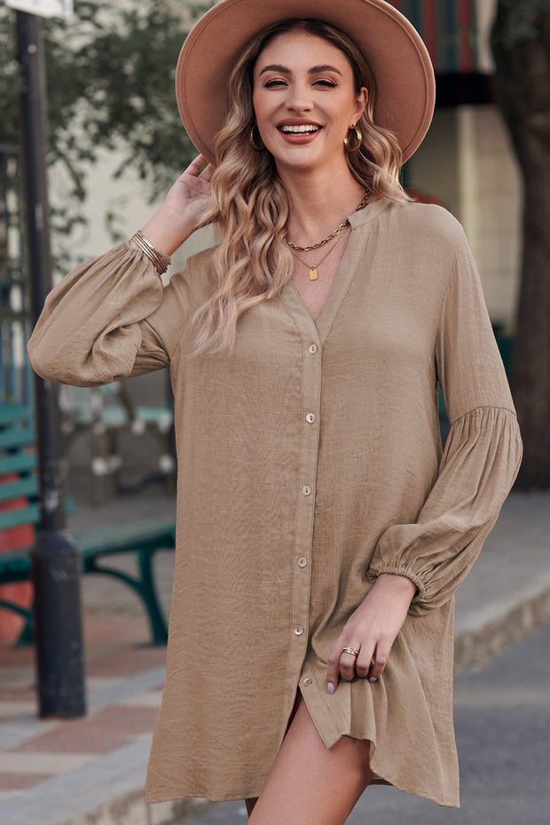 Notched Button Up Balloon Sleeve Longline Top Trendsi