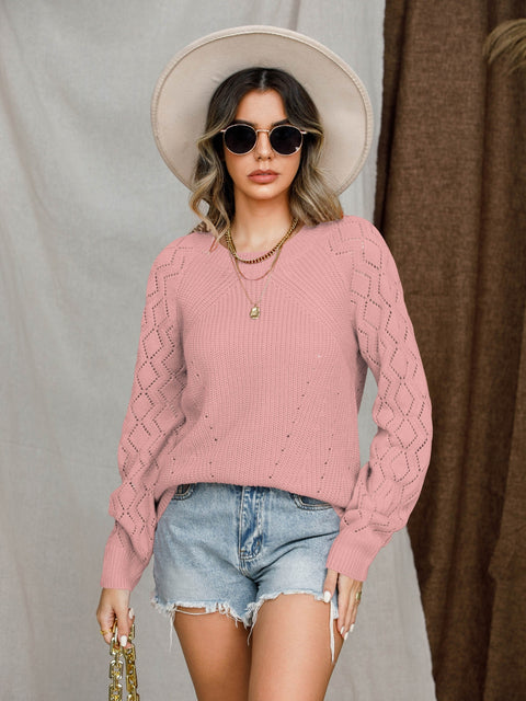 Openwork Round Neck Raglan Sleeve Sweater Trendsi