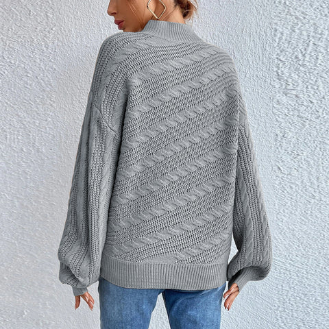 Cable-Knit Mock Neck  Long Sleeve Sweater Trendsi