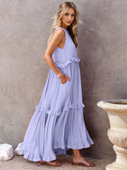 Ruffled Sleeveless Tiered Maxi Dress with Pockets Trendsi