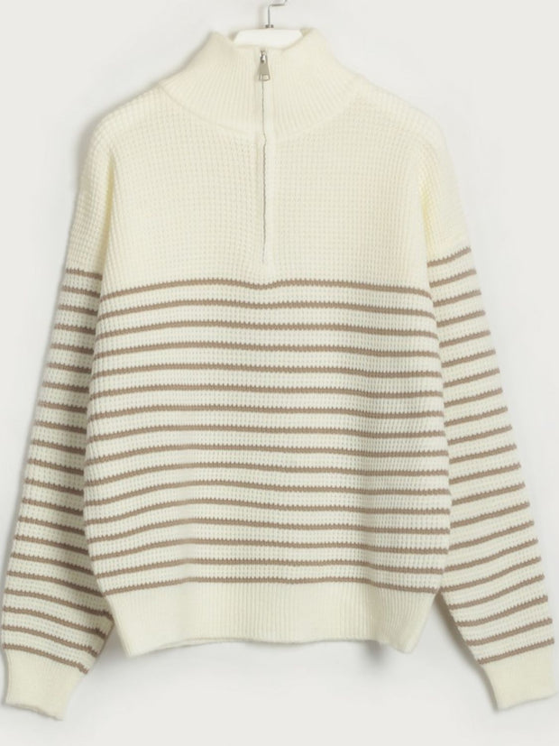 Striped Half Zip Long Sleeve Sweater Trendsi