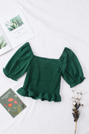 Smocked Square Neck Short Sleeve Blouse Trendsi