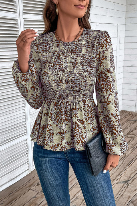 Smocked Printed Balloon Sleeve Blouse Trendsi