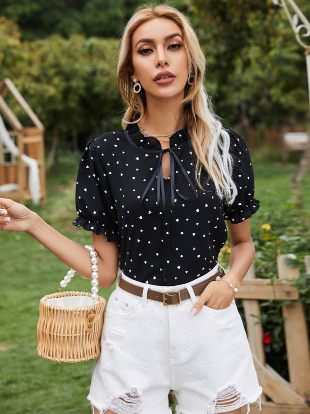 Heart Print Tie Neck Short Sleeve Blouse Trendsi