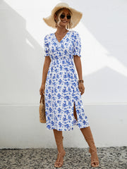 Slit Printed V-Neck Short Sleeve Dress