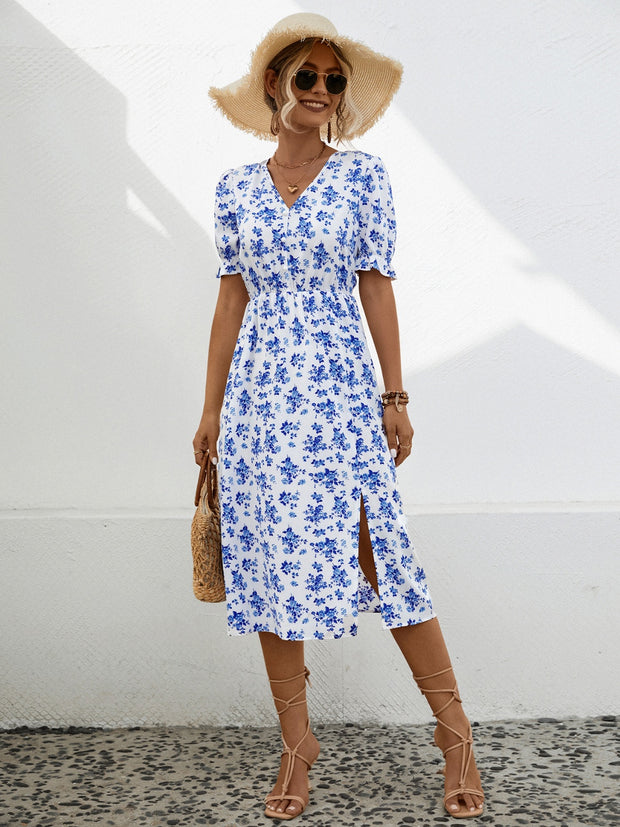 Slit Printed V-Neck Short Sleeve Dress Trendsi