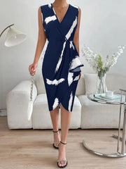 Printed Surplice Sleeveless Knee Length Dress Trendsi