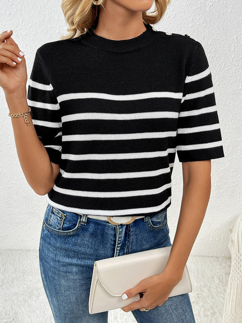 Striped Round Neck Half Sleeve Knit Top Trendsi