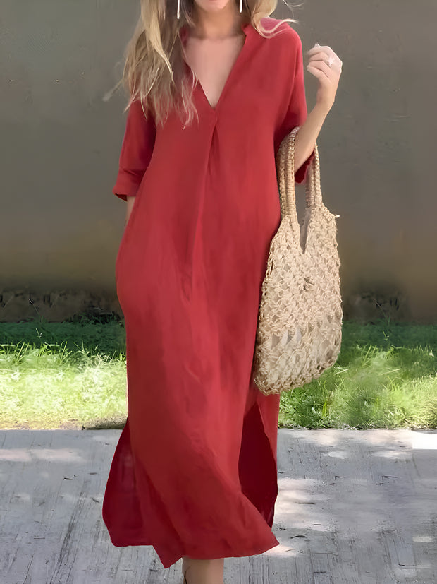 Full Size Notched Half Sleeve Midi Dress Trendsi