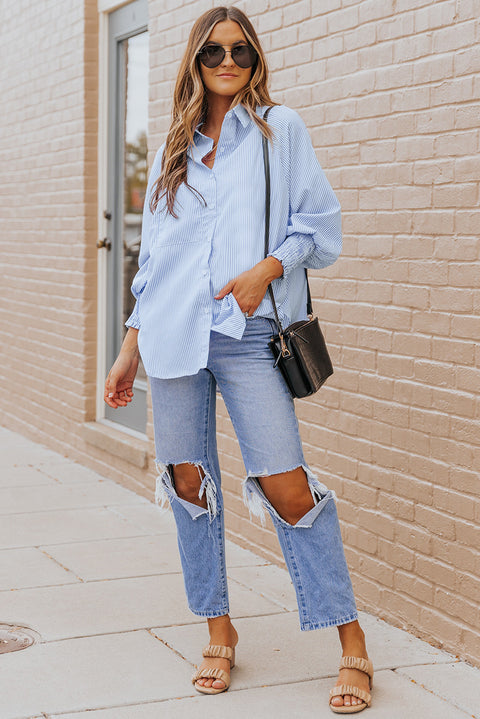 Striped Lantern Sleeve Collared Shirt Trendsi