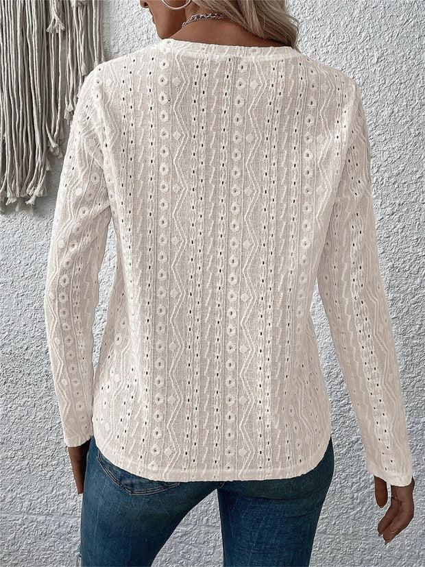 Eyelet Round Neck Long Sleeve Blouse Trendsi